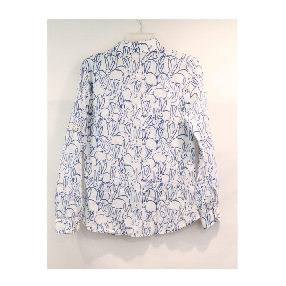 Jean-Pierre Klifa Top Womens White Blue Bunny Print Linen Blend Button Up Casual - Picture 4 of 9
